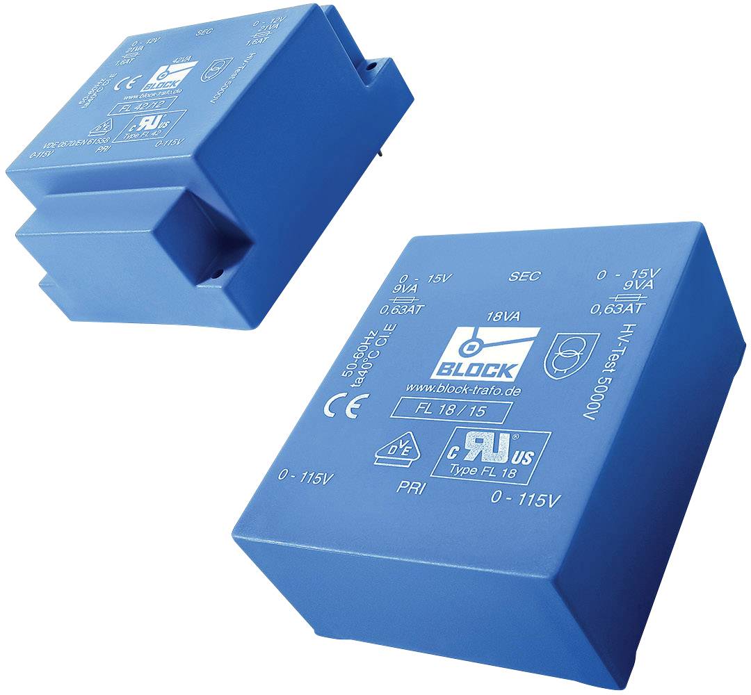 Two blue transformers labelled 'BLOCK', voltage input: 0-115V, voltage output: 15V, 18VA power rating, test voltage 5000V.