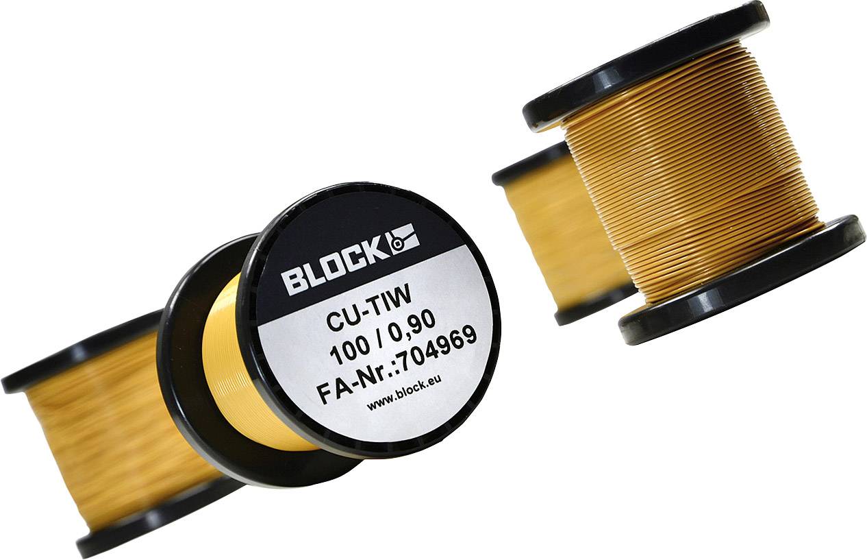 Two black coils with orange copper wire. On the left coil, it reads: 'CU-TIW 100/0.90 FA-No.: 704969'. The manufacturer's mark is 'BLOCK'.