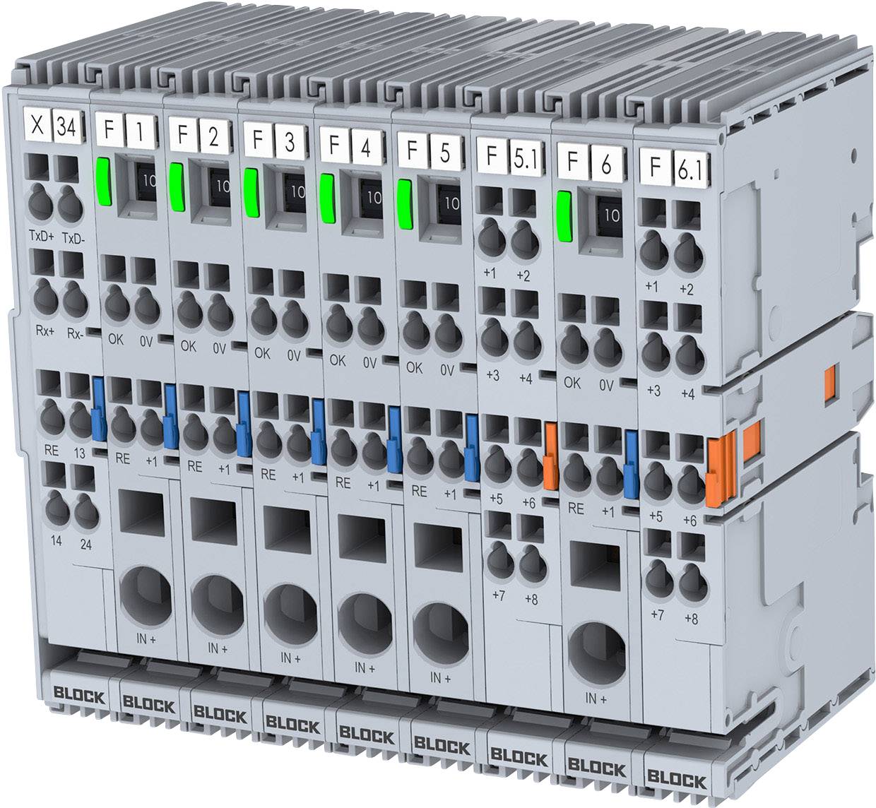 A series of electrical relay modules with green and blue LED indicators. Markings such as 'X 34' and 'F1' through to 'F 6.1' are visible.