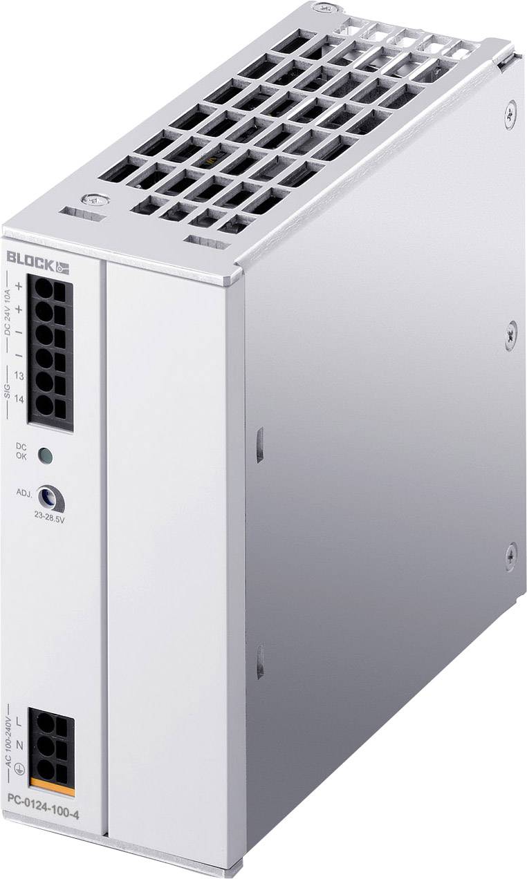 A silver power supply unit from the BLOCK brand with ventilation slots on top and connection terminals on the side, model PC-0124-100-4.