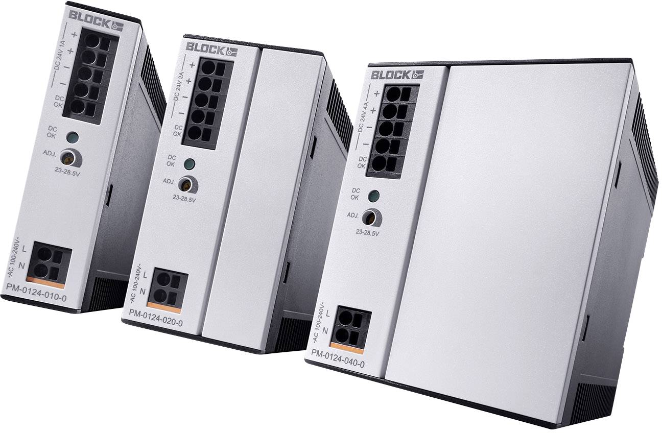 Three switch-mode power supplies from BLOCK with model numbers PM-0124-010-0, PM-0124-020-0, and PM-0124-040-0. They each provide 23 to 28 volts.