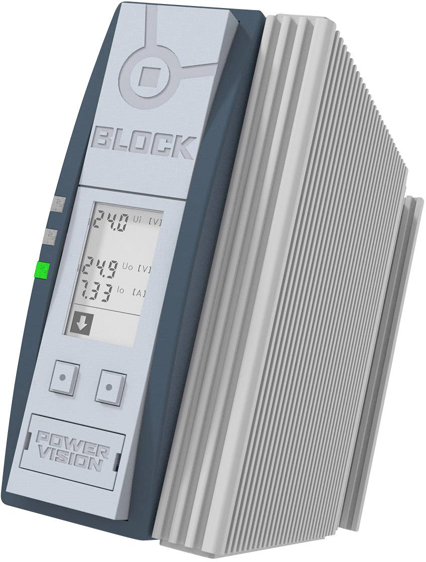 A grey switch-mode power supply with side-mounted heat sinks. On the front, display values and the inscription 'BLOCK Power Vision' are visible.