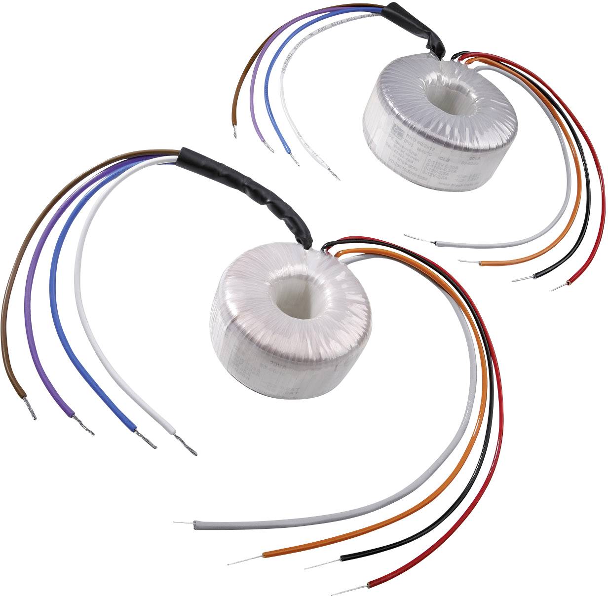Two toroidal transformers with multiple coloured connecting cables, suitable for electronic devices or lighting systems.
