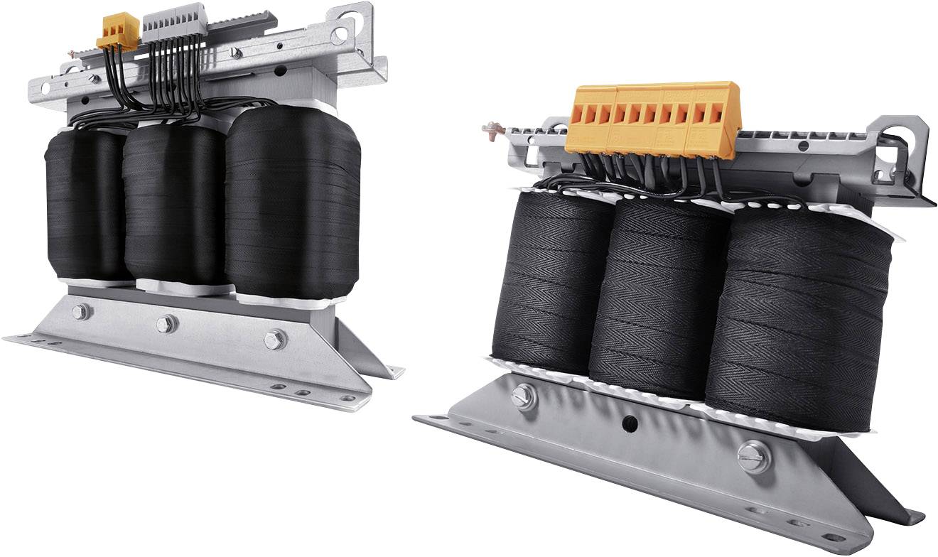 Two large three-phase transformers. Each has three black windings, mounted on a metallic housing with an orange connection block.