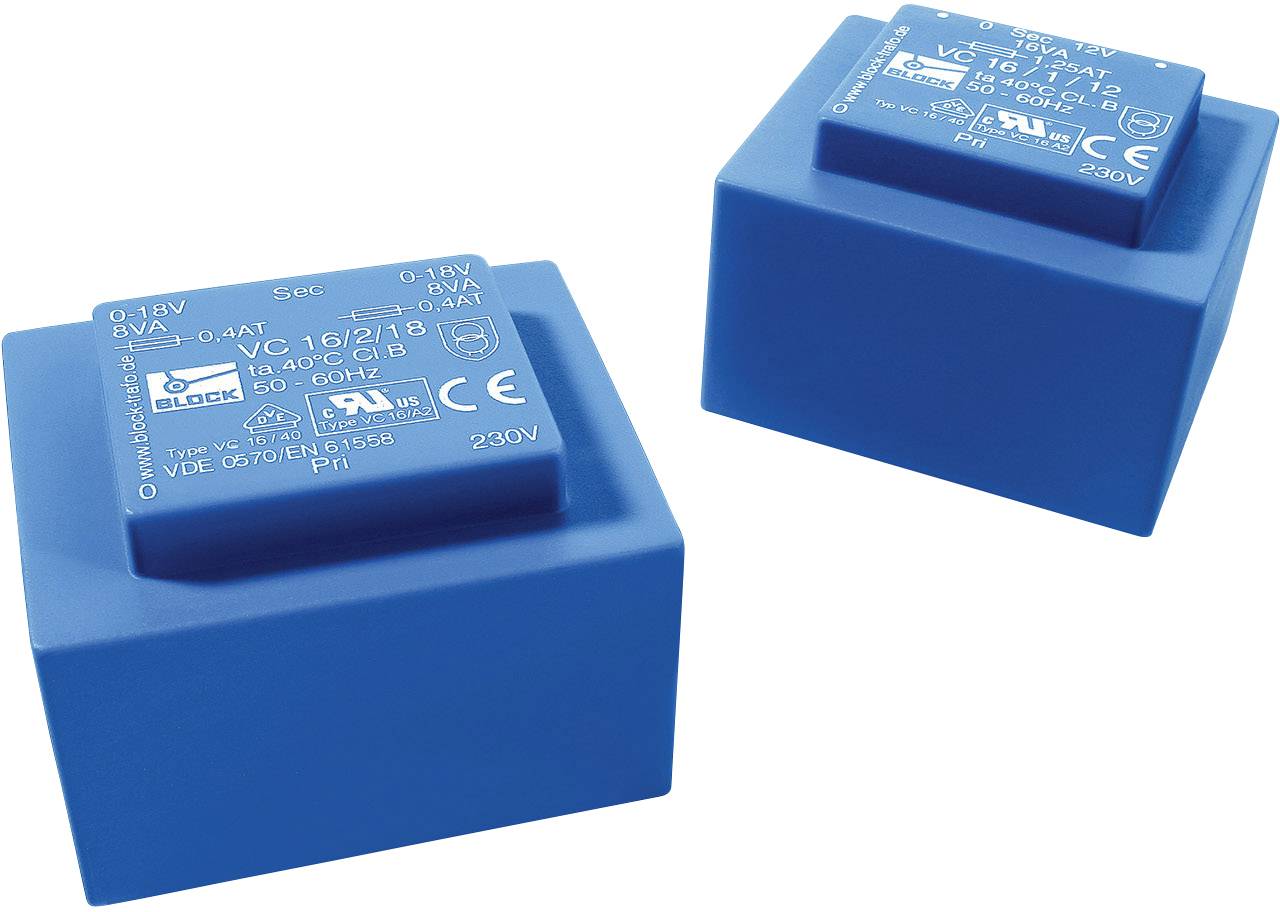 Two blue electronic components with CE marking, suitable for voltages from 18V to 230V at 50-60Hz. Suitable for versatile applications.