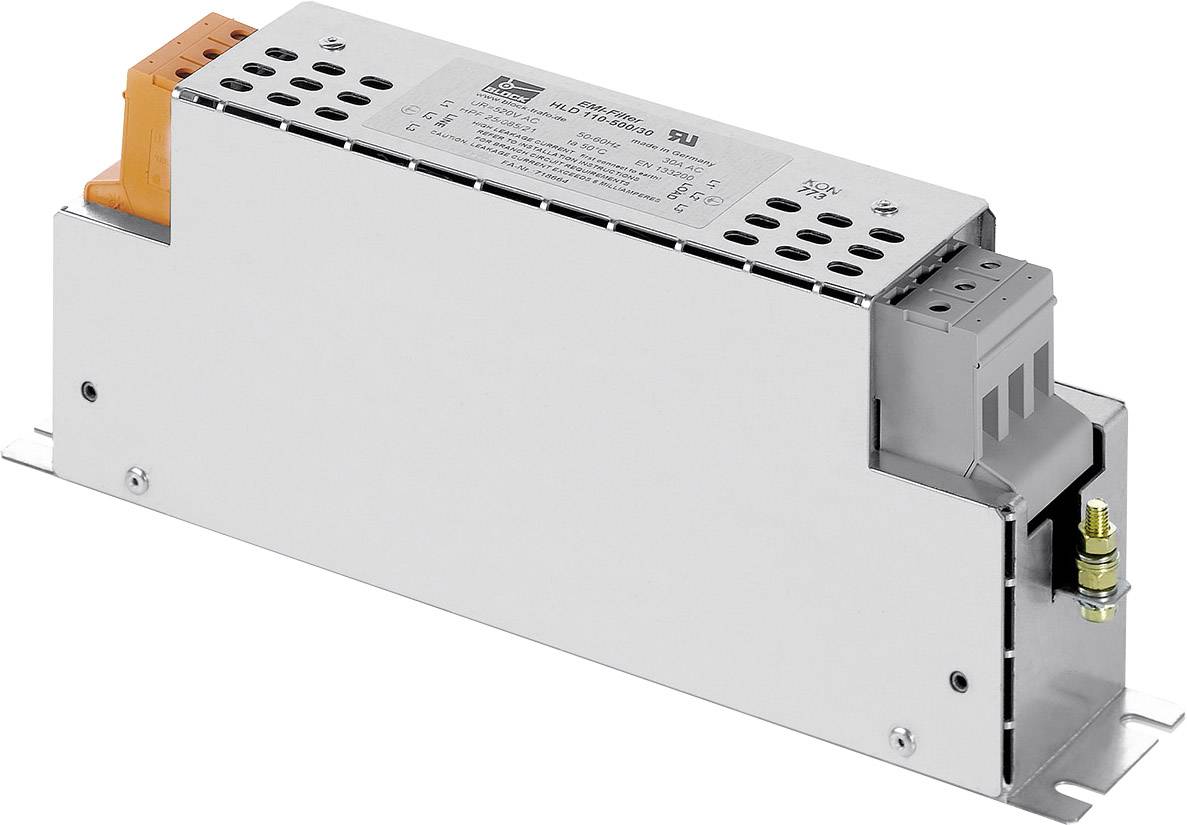 A silver, rectangular metal device with ventilation slots and an orange connection port, mounted on a robust base.