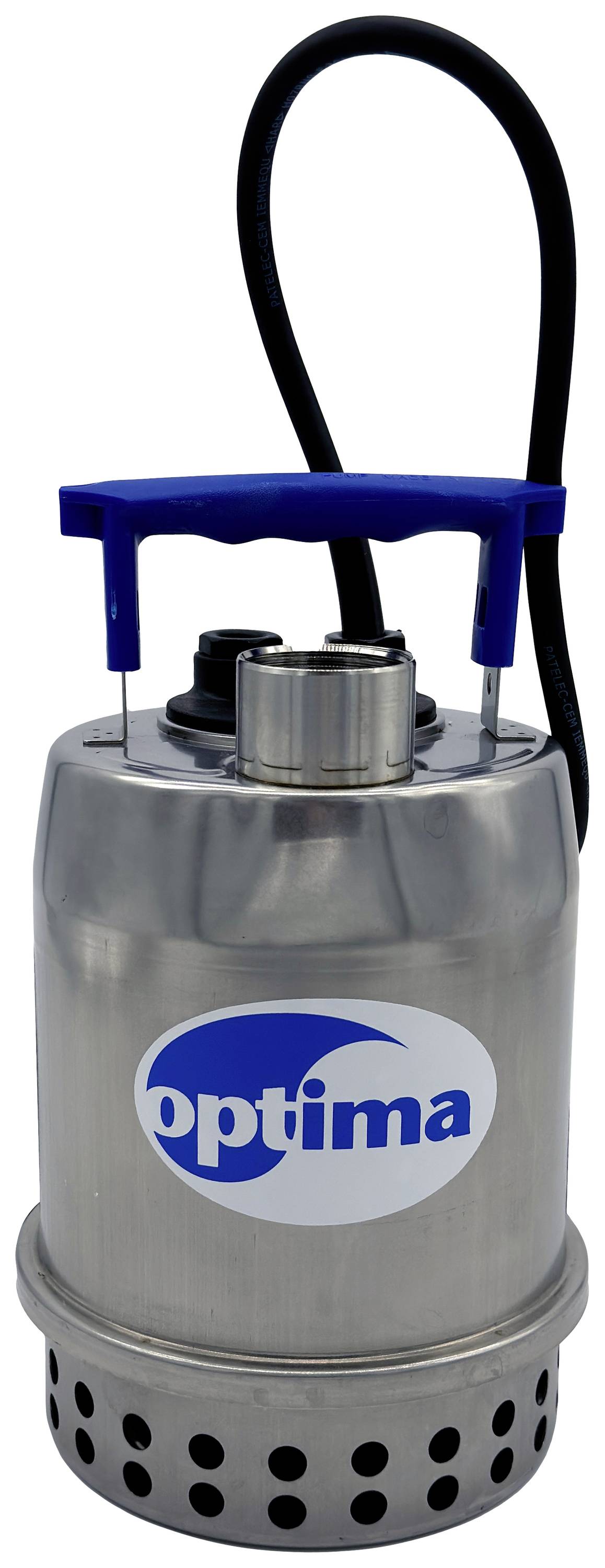 Portable stainless steel submersible pump with blue handle and black cable, 'optima' brand. Suitable for drainage applications.