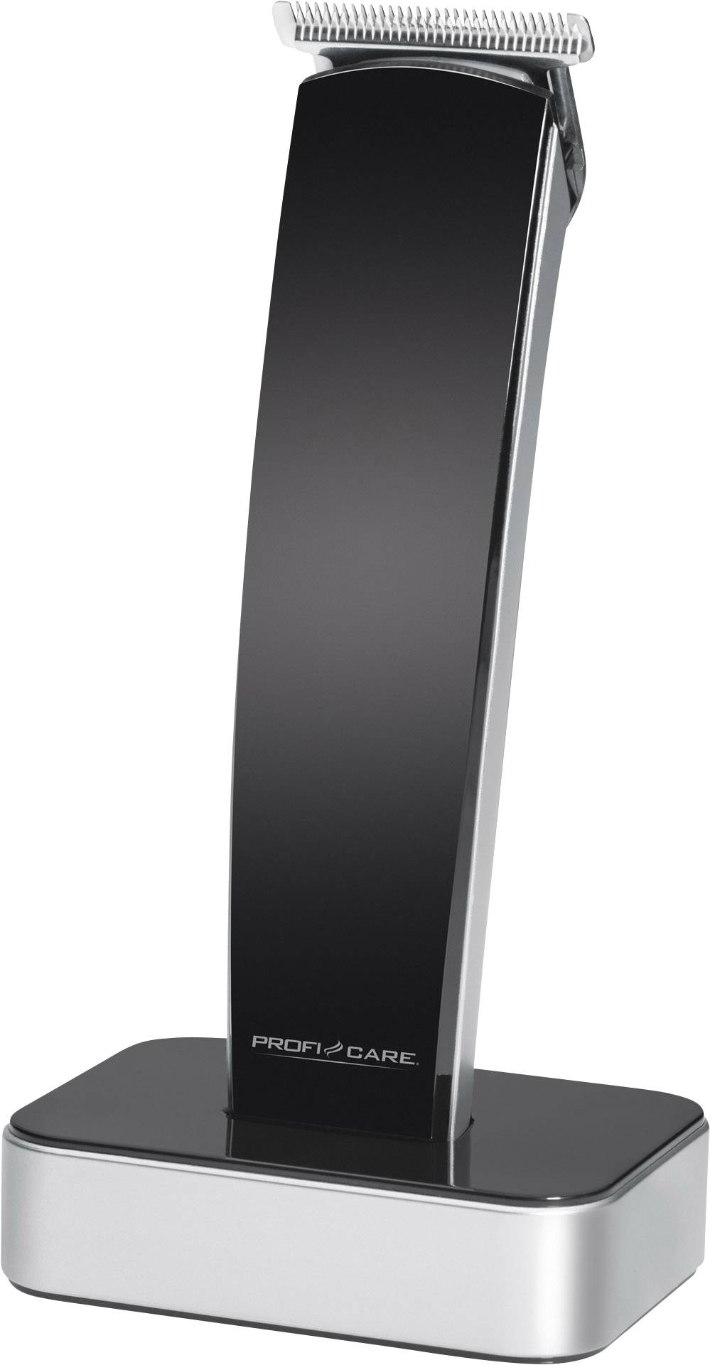 Electric beard trimmer on charging station in contemporary design.