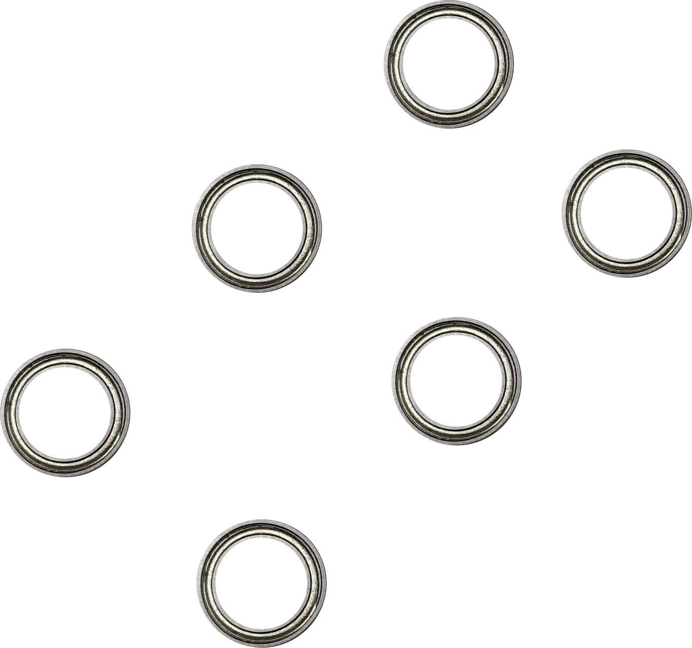 Six silver metal rings on a white background, evenly distributed.