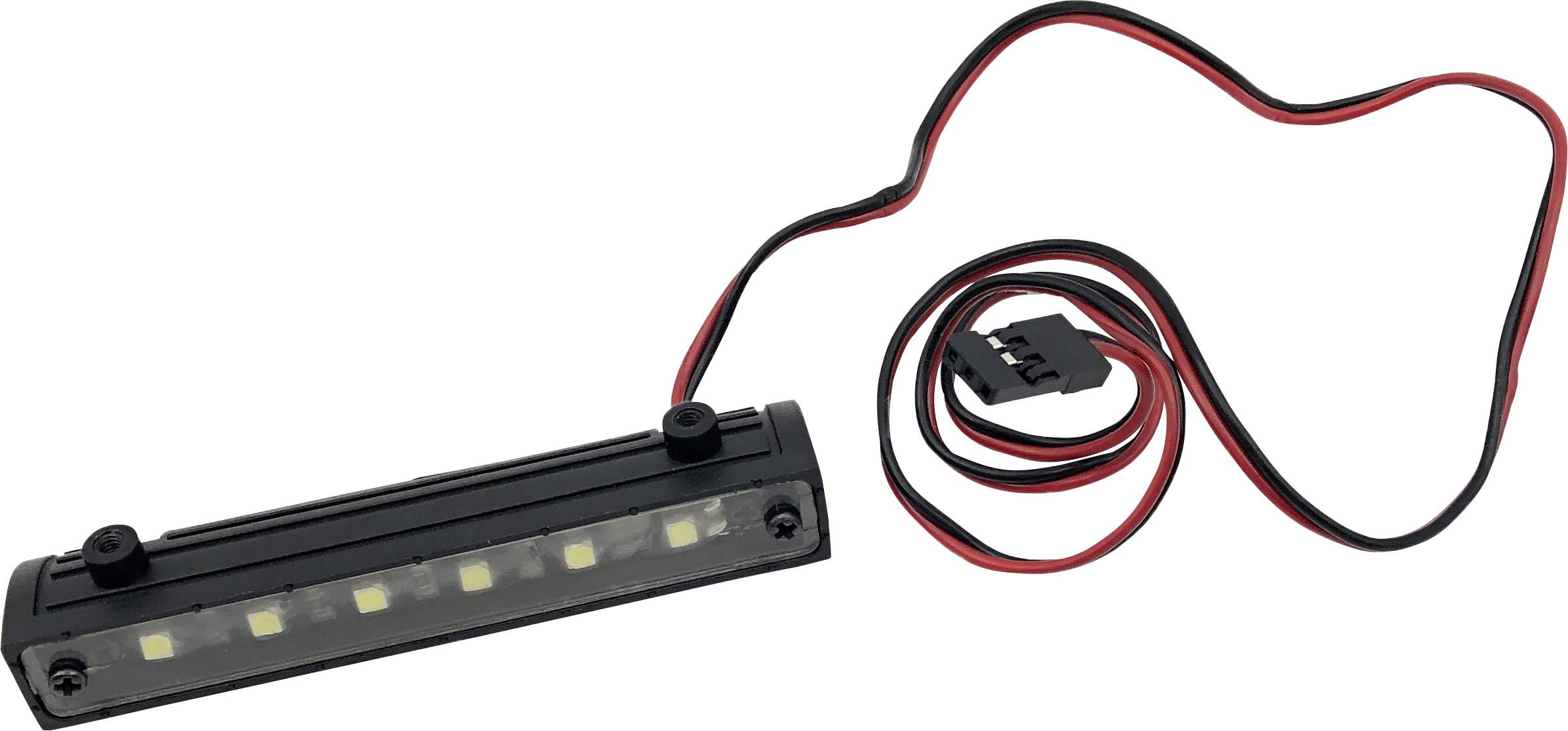 Black LED strip with six LEDs and red cables. Suitable for electronic applications or lighting in model making.