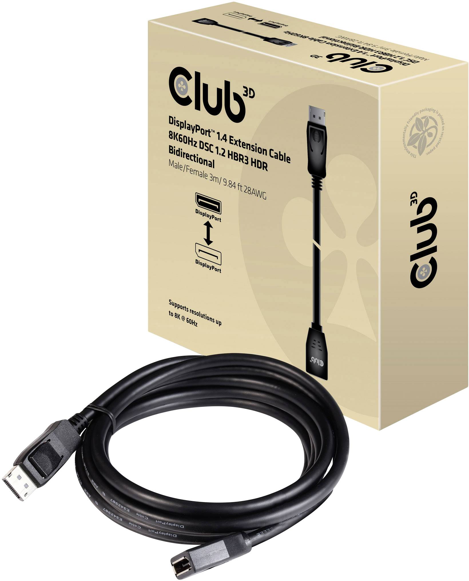 A DisplayPort 1.4 extension cable packaging and the corresponding cable are shown. The cable has standard connectors on both ends.