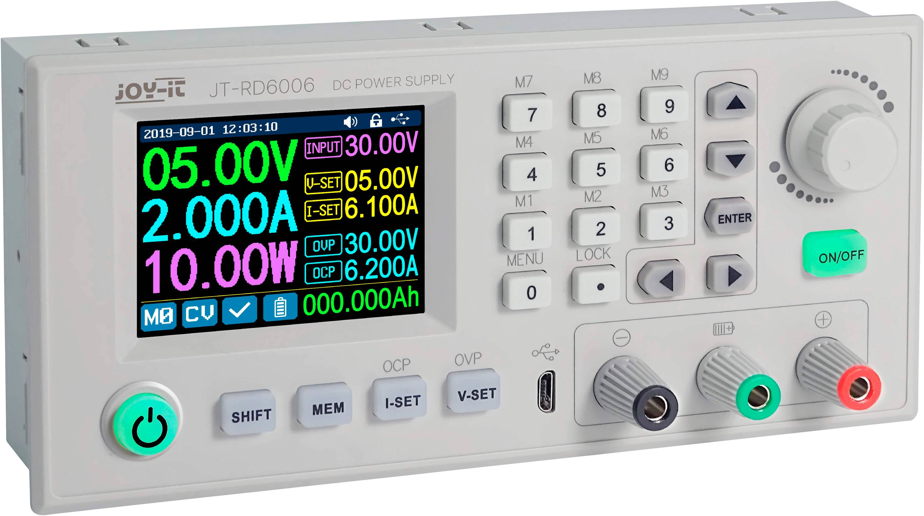 A DC power supply with a digital display shows current voltage, current, and power. Buttons and a rotary control for adjustment are visible.