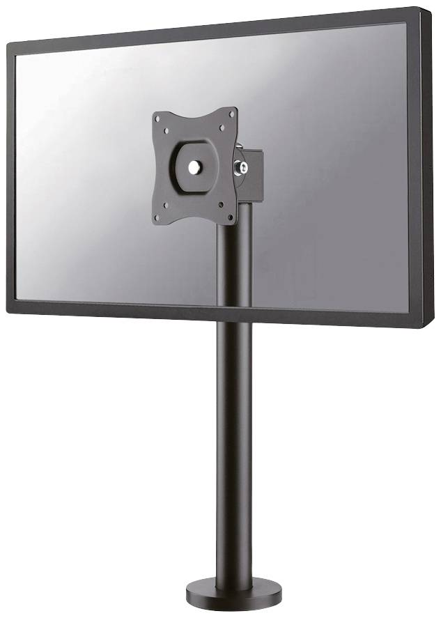 Monitor mount with a screen mounted on a vertical stand. The stand has a black, sleek design.