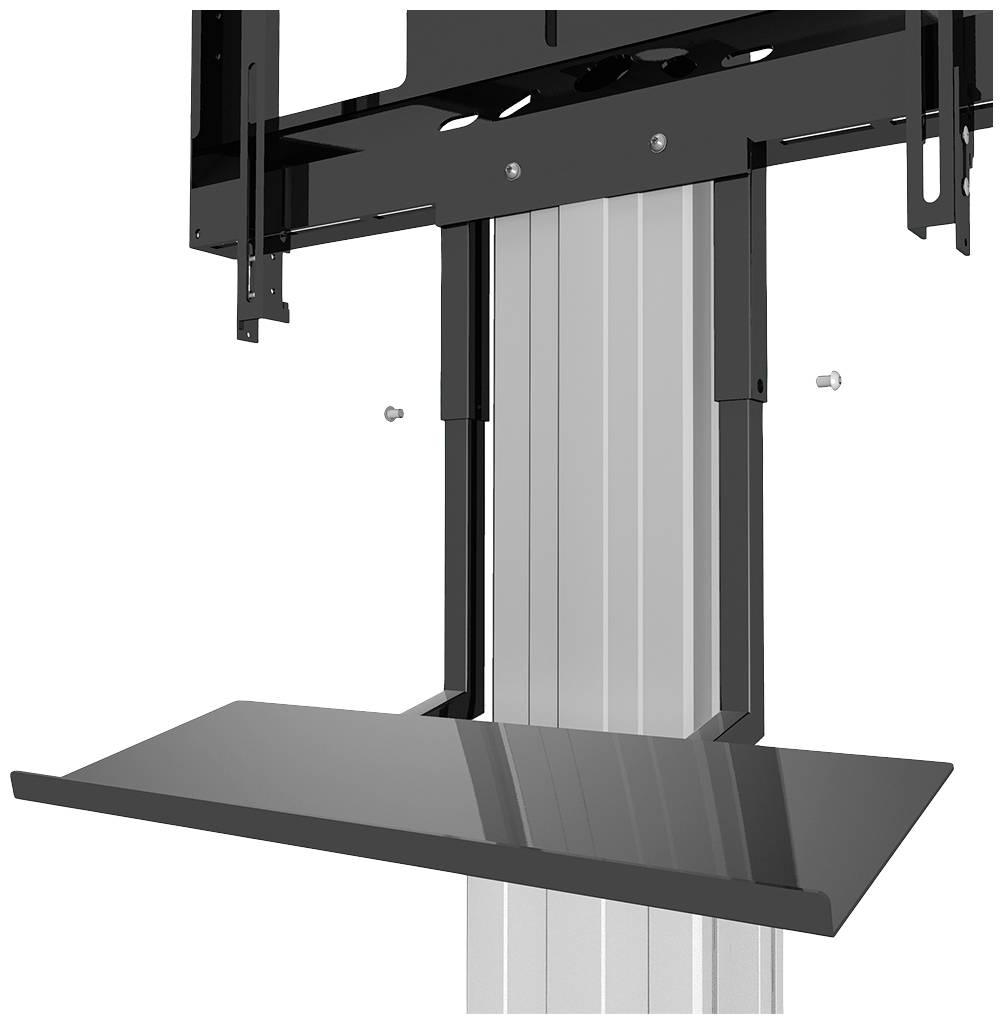 Wall-mounted bracket arm with attached shelf; suitable for mounting screens or monitors.