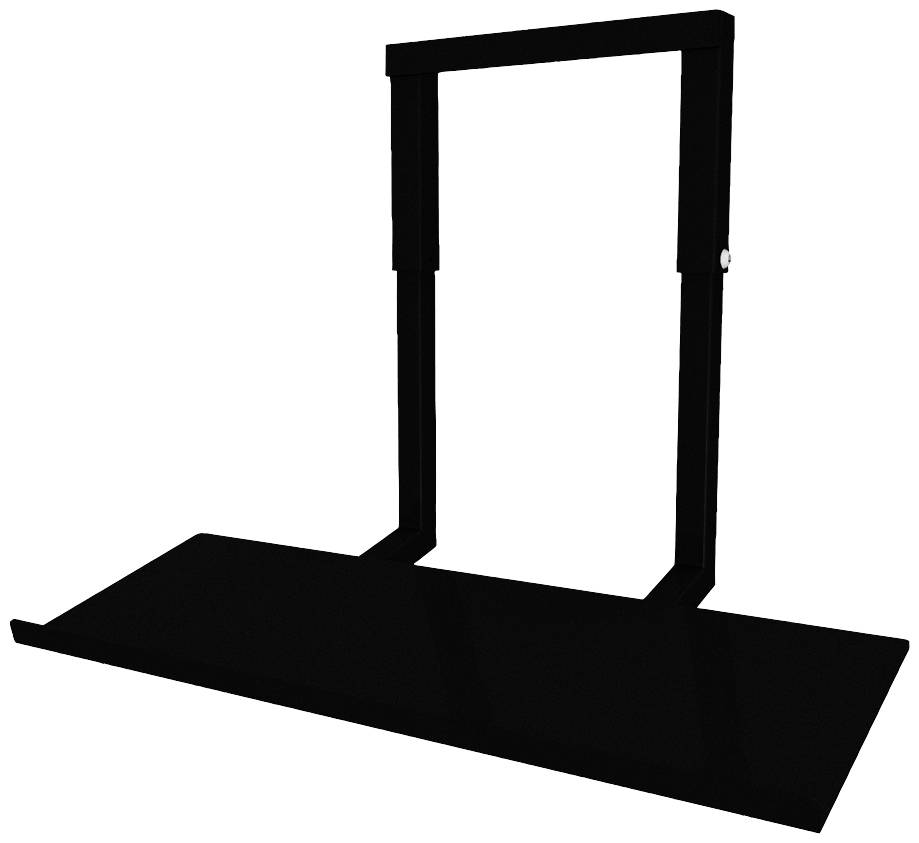 Black, rectangular base stand with vertical supports, suitable for supporting monitors or screens.