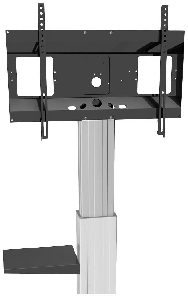 Mounting bracket for screen installation, height-adjustable, with sturdy struts and shelf. Ideal for office environments.
