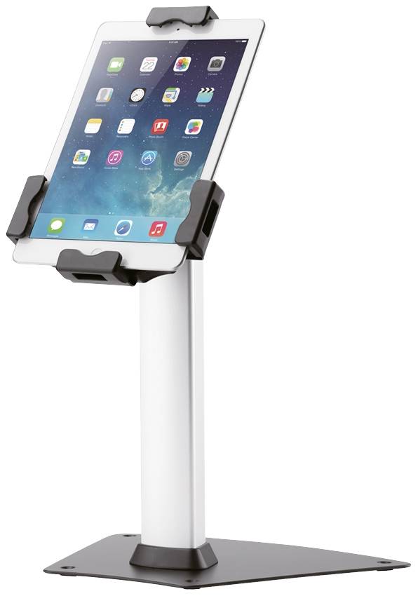 Tablet in a holder mounted on a stand, displayed in a vertical position. The screen shows various app icons.