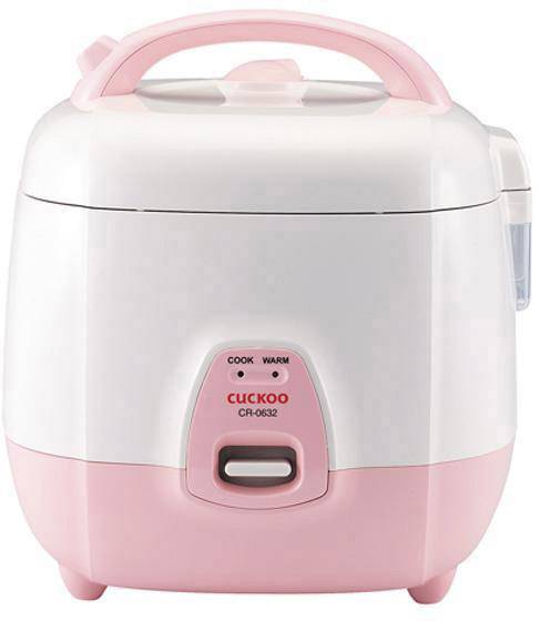 White and pink rice cooker with handle, with 'Cook' and 'Warm' indicator lights. Brand 'Cuckoo'.