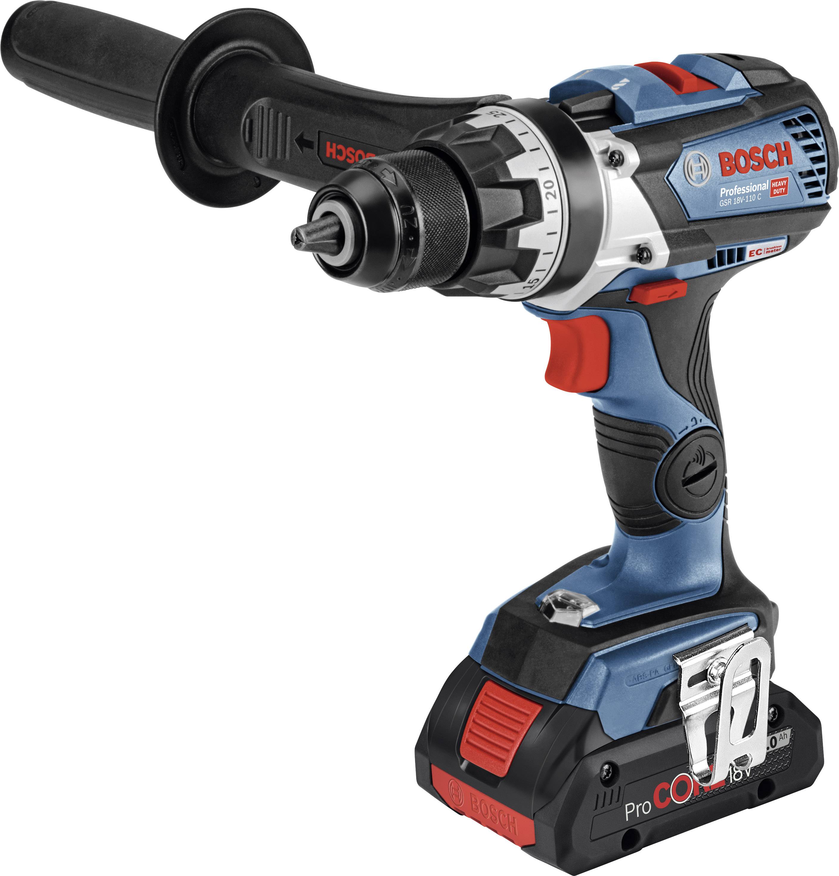 Cordless drill in blue and red colouring, with an ergonomic handle, torque control, and battery. Tool for DIY projects.