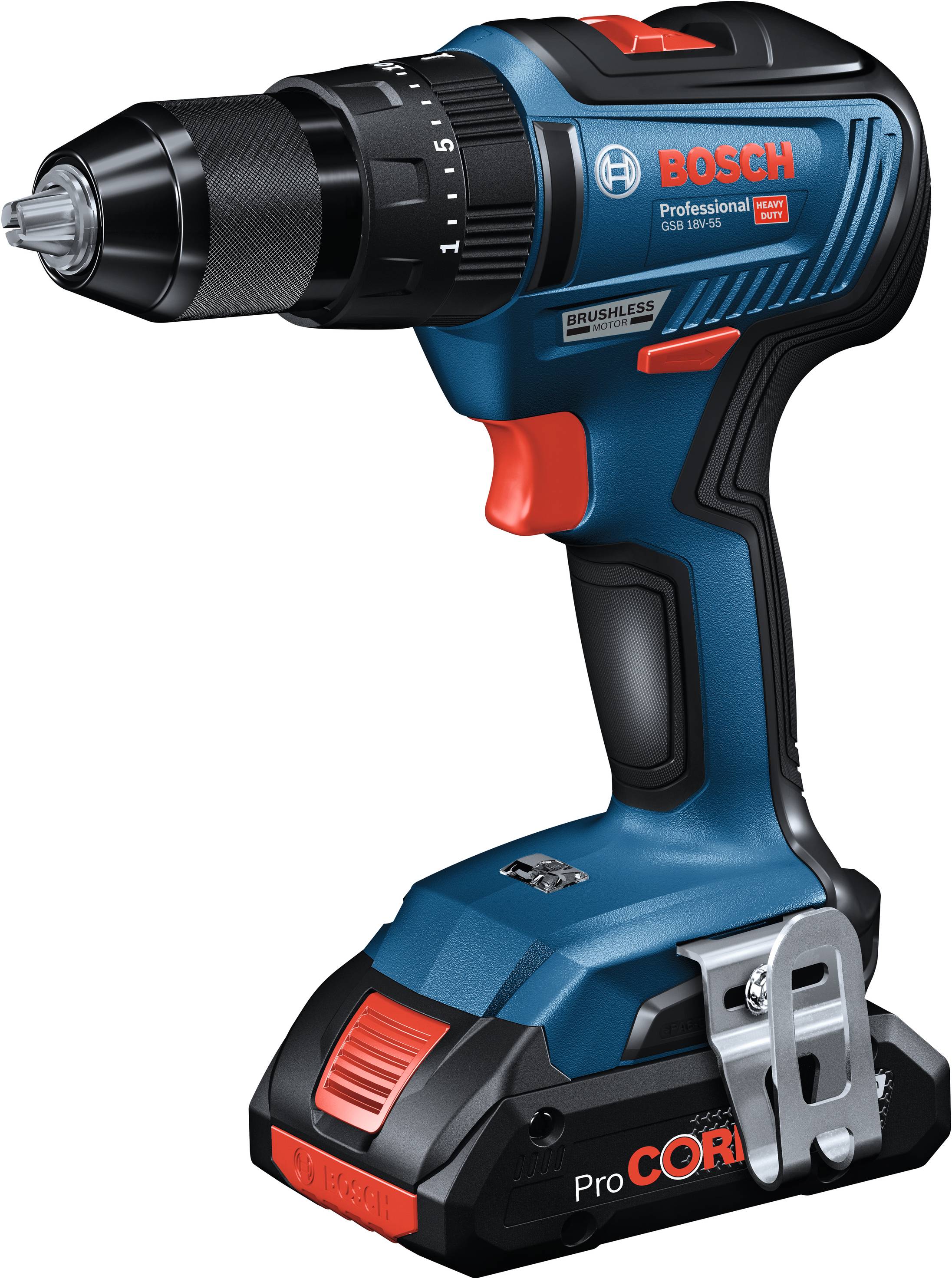 A navy-blue and black, cordless Bosch power drill with a red accent. It features a display scale and an ergonomic handle.