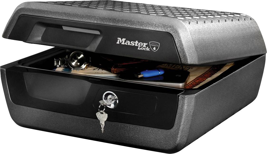 A black Master Lock safe, slightly open, reveals storage compartments inside containing keys, documents, and a blue pen.