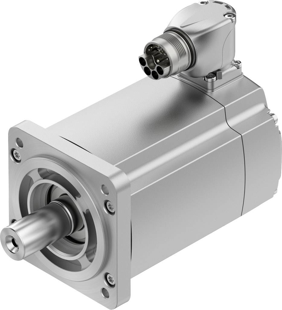 A silver electric motor with a visible connection plug on top and a protruding drive shaft at the front.