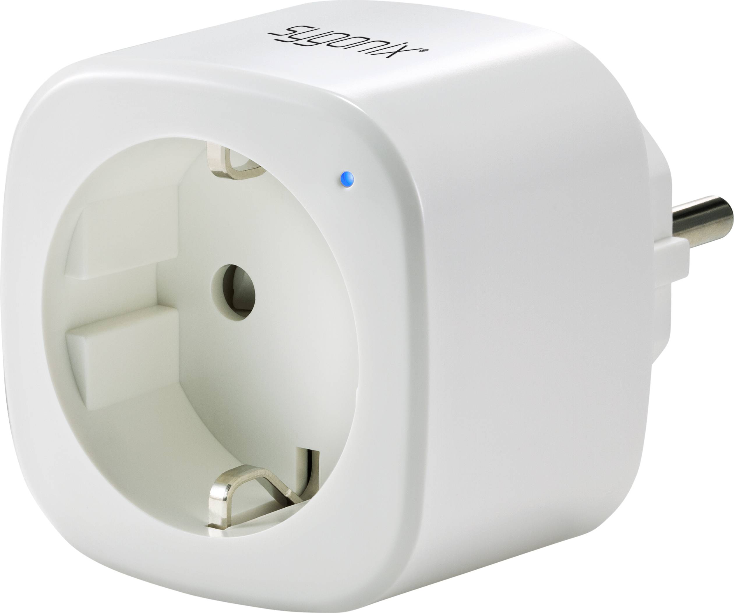 White smart plug socket with EU plug and small blue LED light on the side, showing brand name at the top.