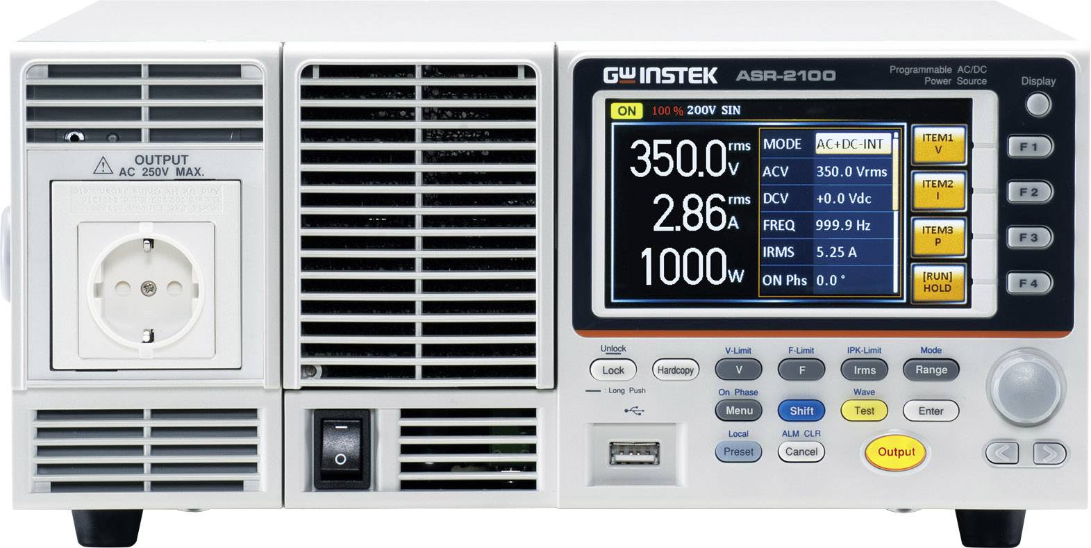 A programmable power supply unit with a digital display shows an output voltage of 350 V, current of 2.86 A, and power of 1000 W.