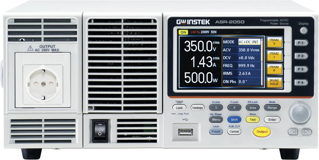 A programmable AC/DC power supply from GW Instek displays an output voltage of 350 volts, current of 1.43 amperes, and power of 500 watts on the display.