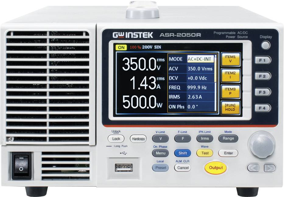 Electronic measuring instrument with digital display showing readings: 350.0 V, 1.43 A and 500.0 W. Control buttons for adjustment located on the side.