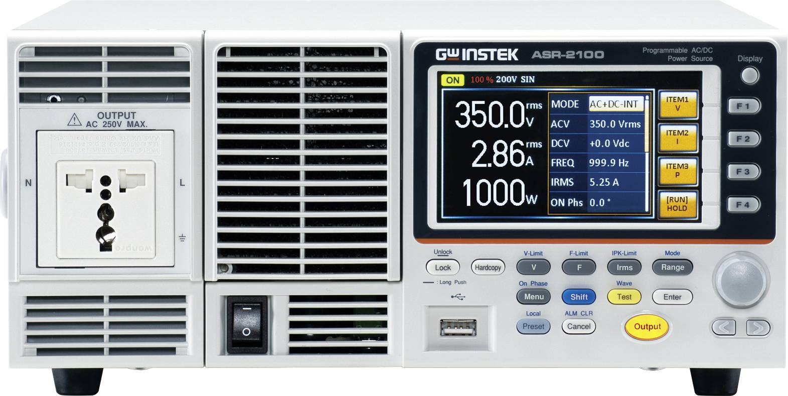 A GW Instek ASR-2100 programmable power supply with digital display shows voltage (350 V), current (2.86 A) and frequency (60 Hz).