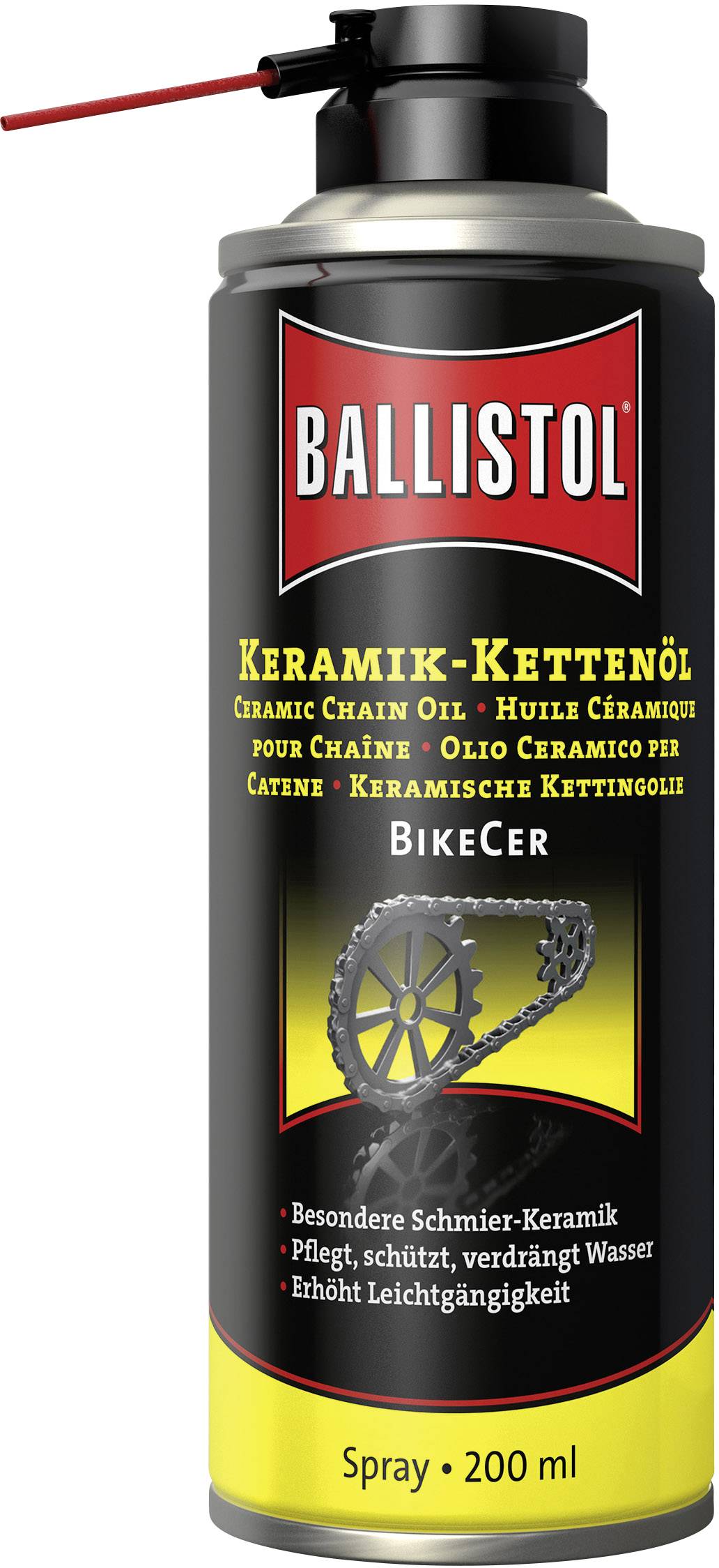Spray can with the inscription 'Ballistol Ceramic Chain Oil'. Image of a bicycle chain sprocket. Contents: 200 ml.