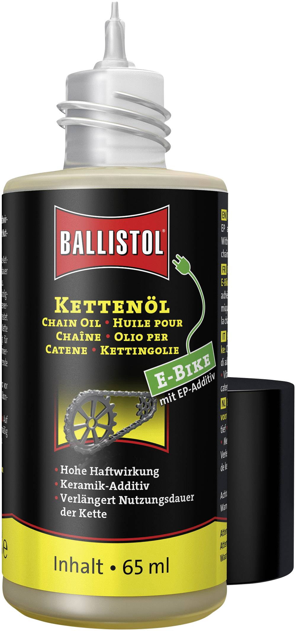 Bottle of Ballistol Chain Oil for E-Bikes, 65 ml. Key features: High adhesive effect, ceramic additive, extends chain lifespan.