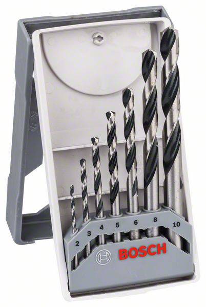A drill bit set in a white and grey case, with seven different drill bit sizes ranging from 2 to 10 mm by Bosch.