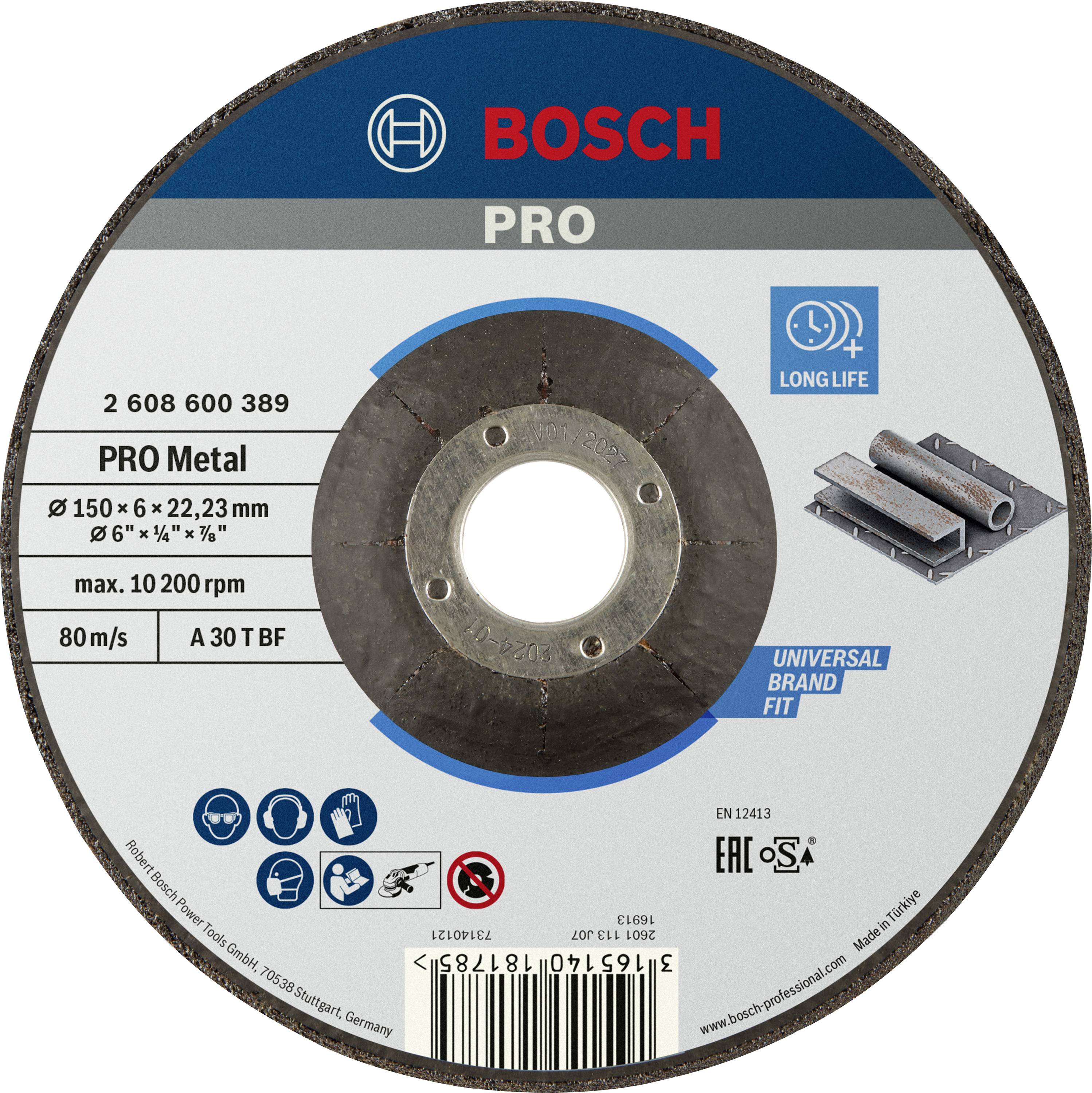 Bosch grinding disc, 'PRO Metal', 150 x 6 mm. Suitable for metal processing, high durability. Maximum rotational speed: 10,200/min.