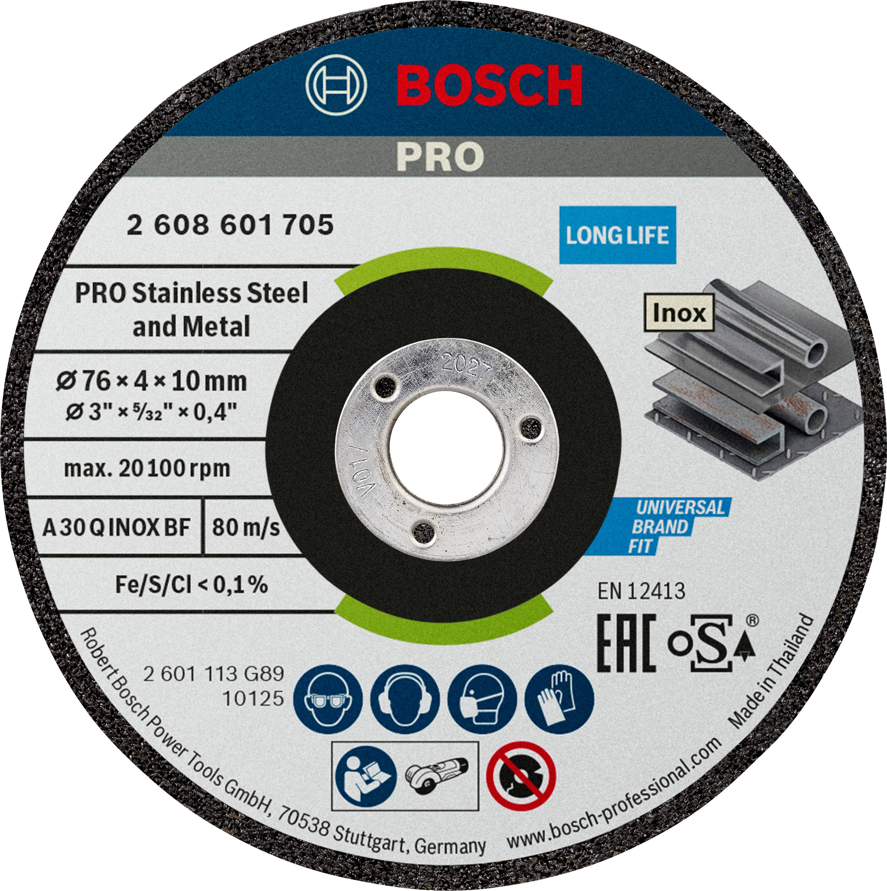 Grinding disc for metalworking, Bosch Pro, stainless steel and metal, Ø76 x 4 x 10mm, max. 20,100rpm, long-term usage, suitable for stainless steel.