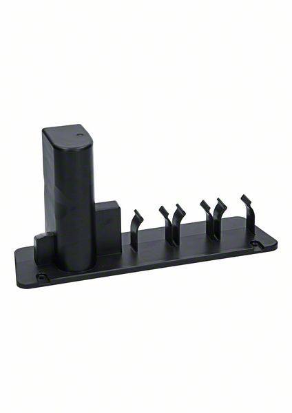 Black plastic holder with multiple straight and curved supports, likely used for storing or organising items.