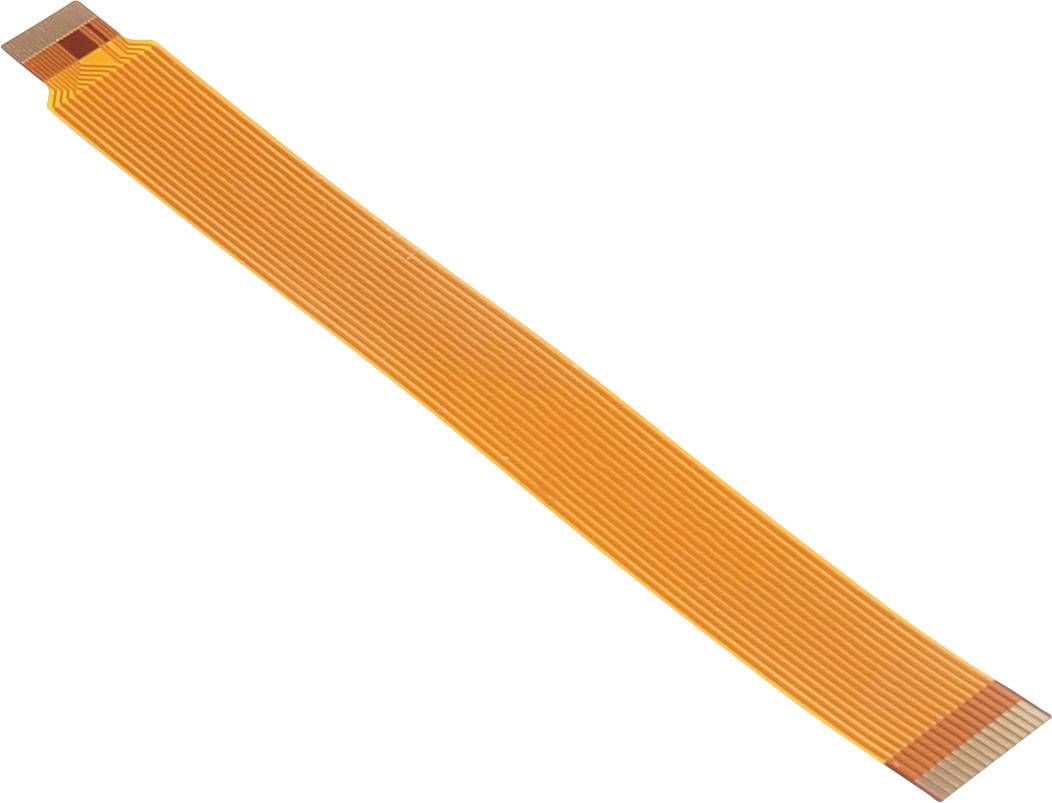 Flat, orange-coloured ribbon cable with multiple parallel conductors, used for electrical connections in electronic devices.