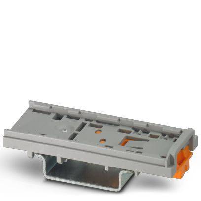 A grey plastic DIN rail adapter with orange elements, suitable for mounting electrical components.