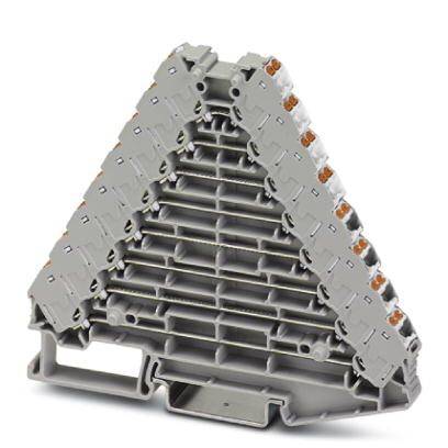 A grey, triangular connection module with multiple cascaded levels of connectors, suitable for industrial applications.
