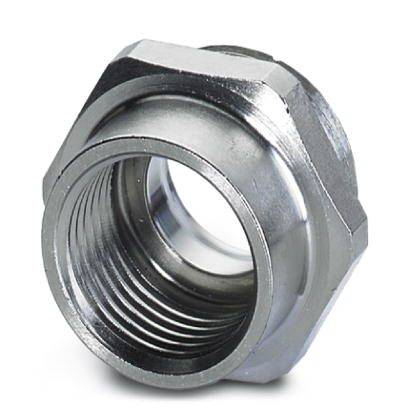 A hexagonal metal nut with an internal thread, used for fastening in mechanical applications.