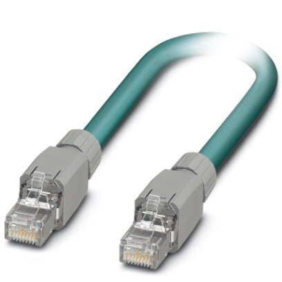 A grey Ethernet cable with RJ45 connectors at both ends, set against a white background.