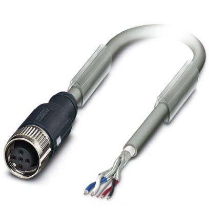 A grey-sheathed electrical cable with a black, round plug at one end and exposed wires at the other end.