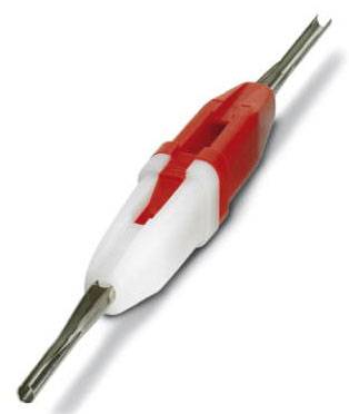 A red and white screwdriver with two different bits at the ends, one flathead screwdriver bit and one Phillips head screwdriver bit.