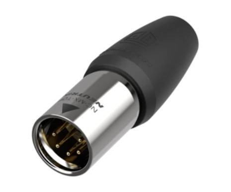 A silver XLR plug with a black housing and three visible pins, used for connecting audio devices.