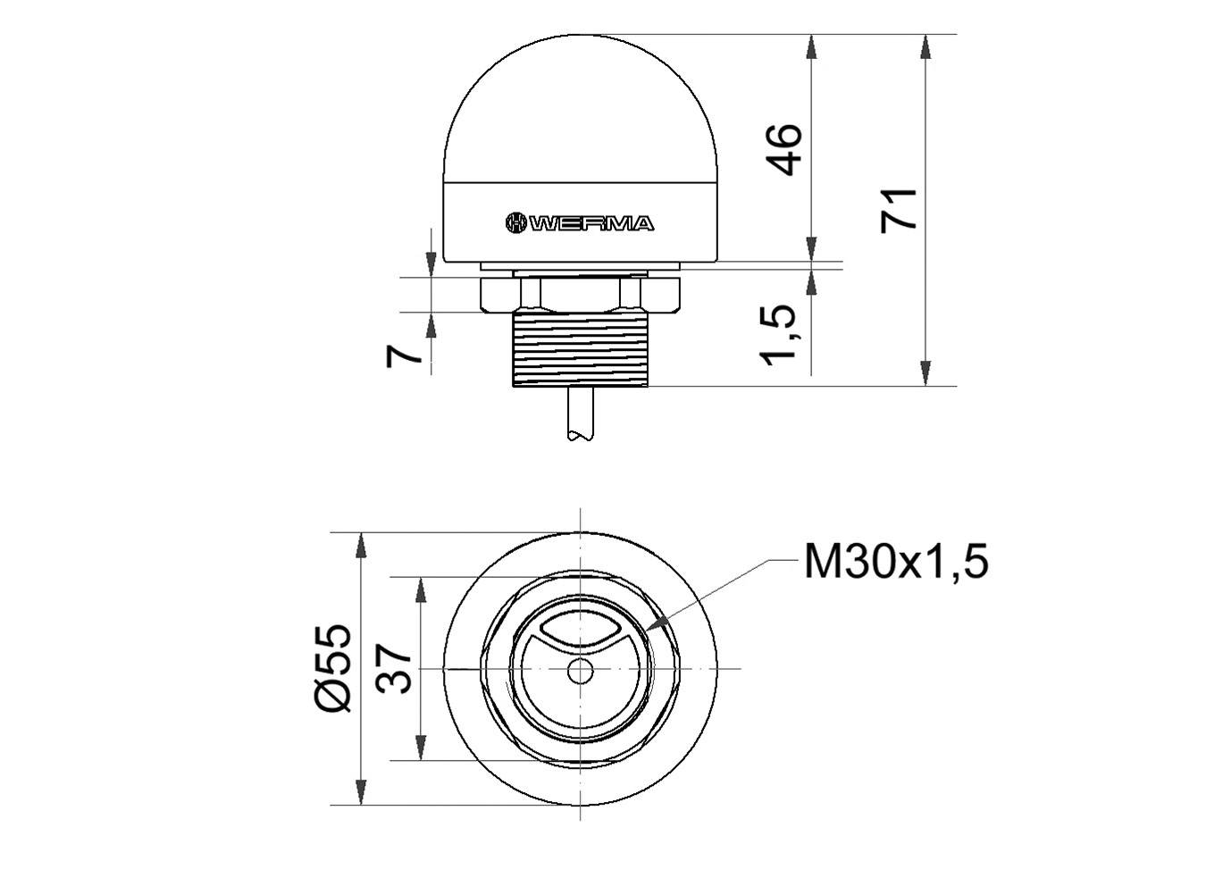Technical drawing of a component with dimensions. Top: Height 71 mm, Diameter 55 mm. Bottom: M30 thread, Diameter 37 mm.