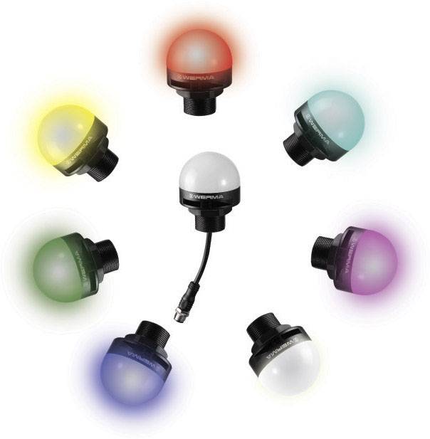A light in the centre is surrounded by six other lights shining in different colours: red, blue, green, yellow, purple, and turquoise.