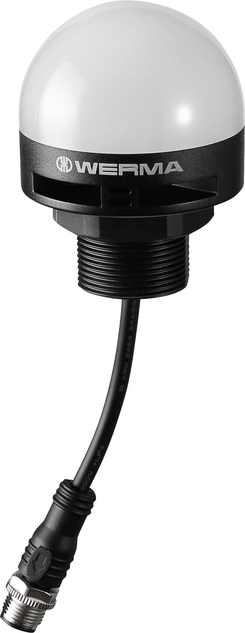 A round signal light from the Werma brand with a black base and cable connection. It is used for status indication in industrial applications.