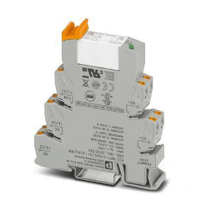 A grey, modular electronic module with orange details and labels. It features multiple connectors and a green indicator.