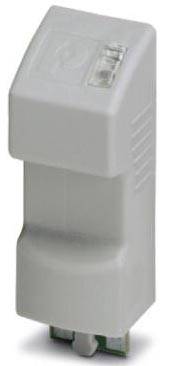 A white plug-in module, rectangular in shape, with a transparent insert on top, suitable for electrical devices or specialised connections.